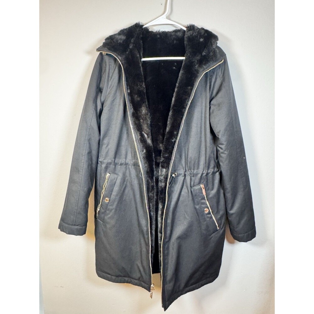 Women's Rachel Roy Black Hooded Mid-Length Parka Coat Full Zip Reversible Size L